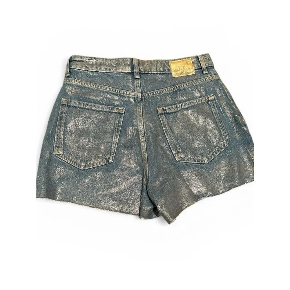 ZARA high-waist foil waxed denim shorts Size 6 NWOT